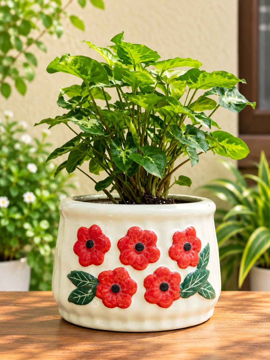 Red Flower White Ceramic Planter