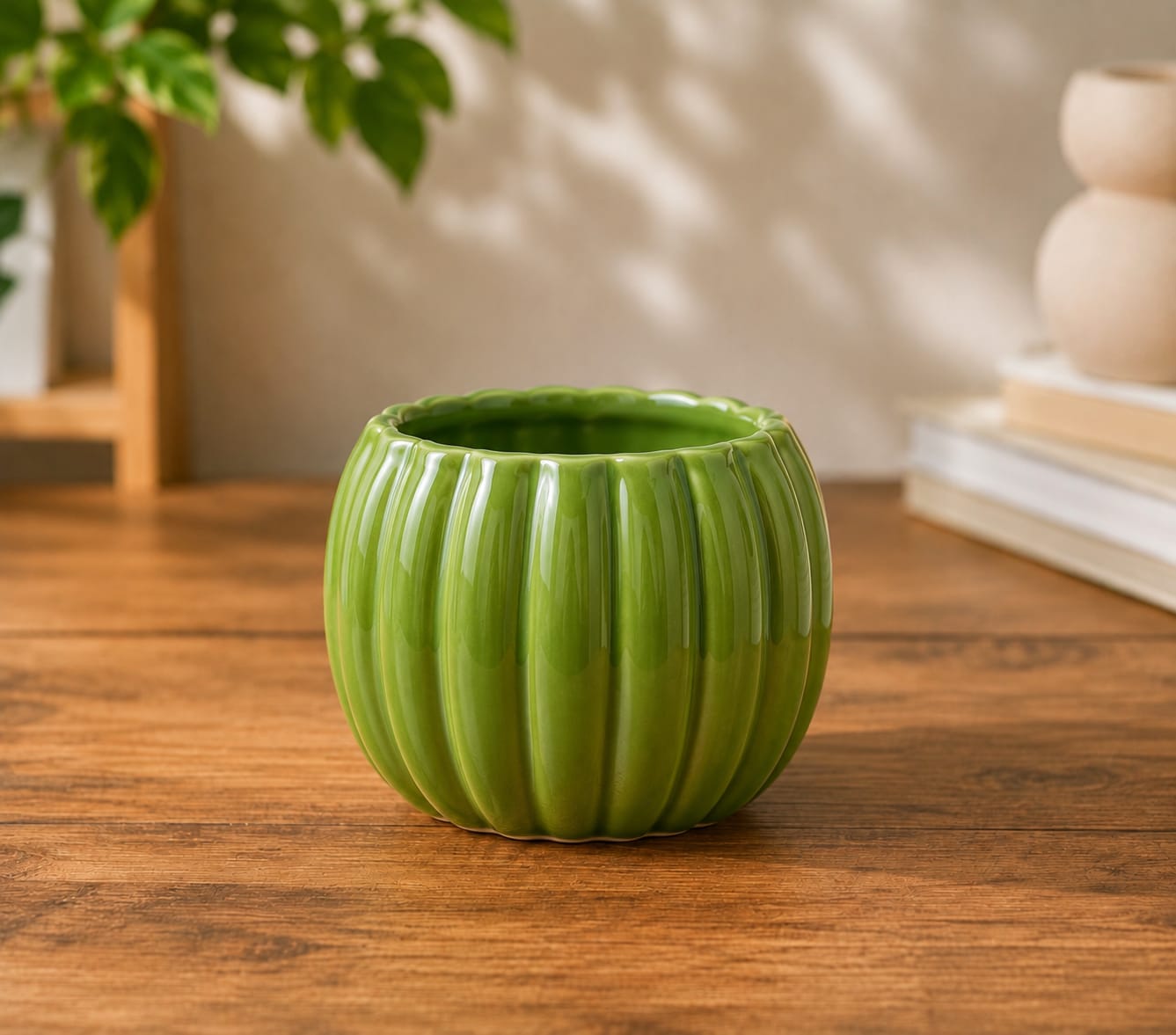 Glossy Green Ribbed Ceramic Planter