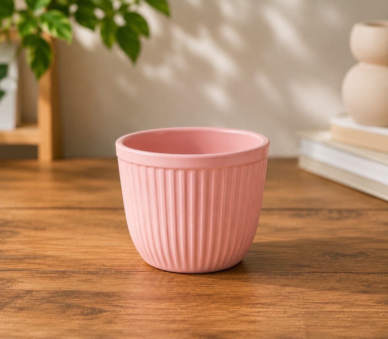 Pastel Pink Ribbed Ceramic Planter