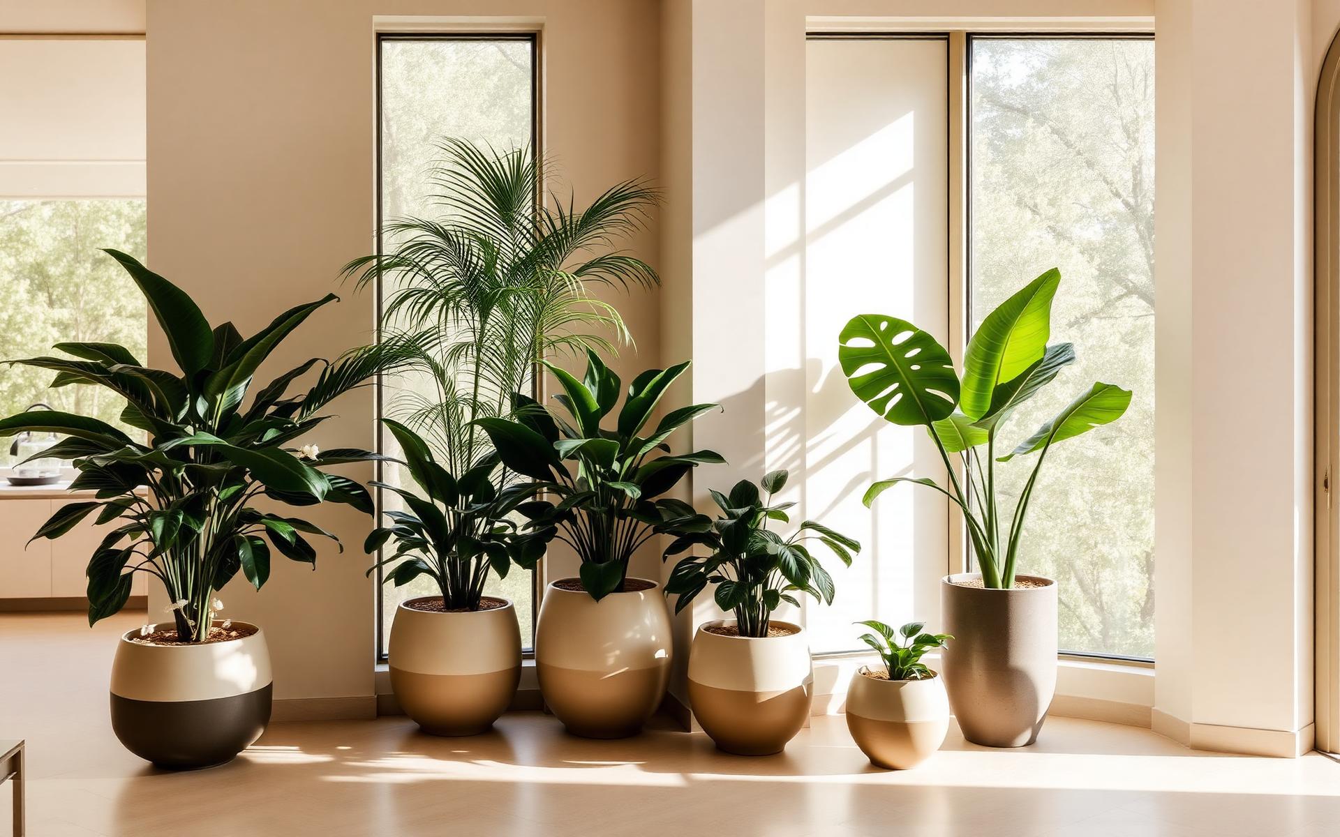 A calm room filled with luxurious plants in ceramic planters